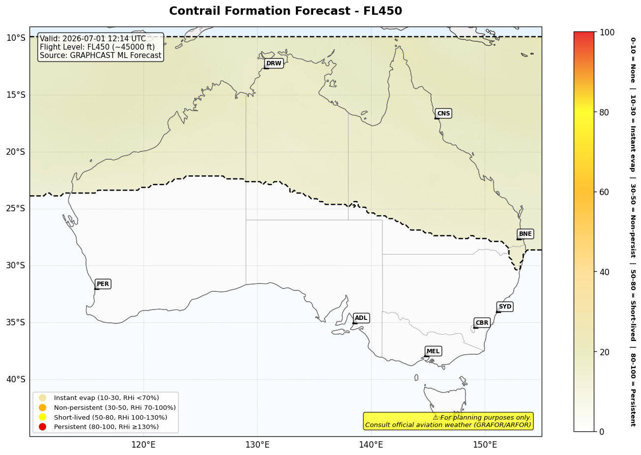 Contrail forecast for FL450 at 2026-07-01 12:14 UTC