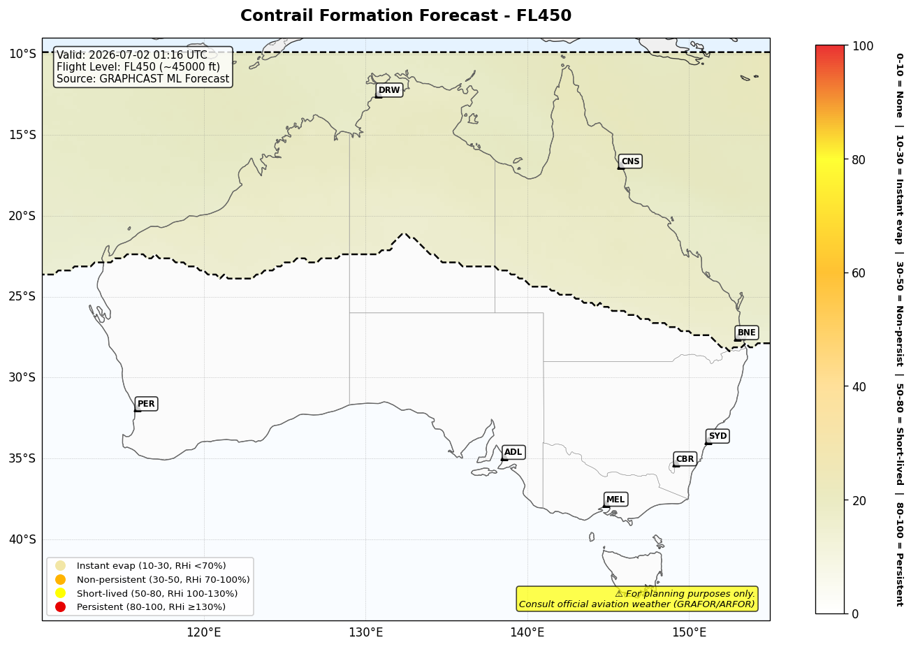 Contrail forecast for FL450 at 2026-07-02 01:16 UTC