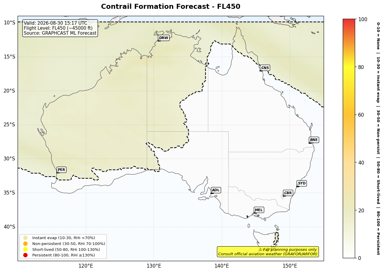 Contrail forecast for FL450 at 2026-08-30 15:17 UTC