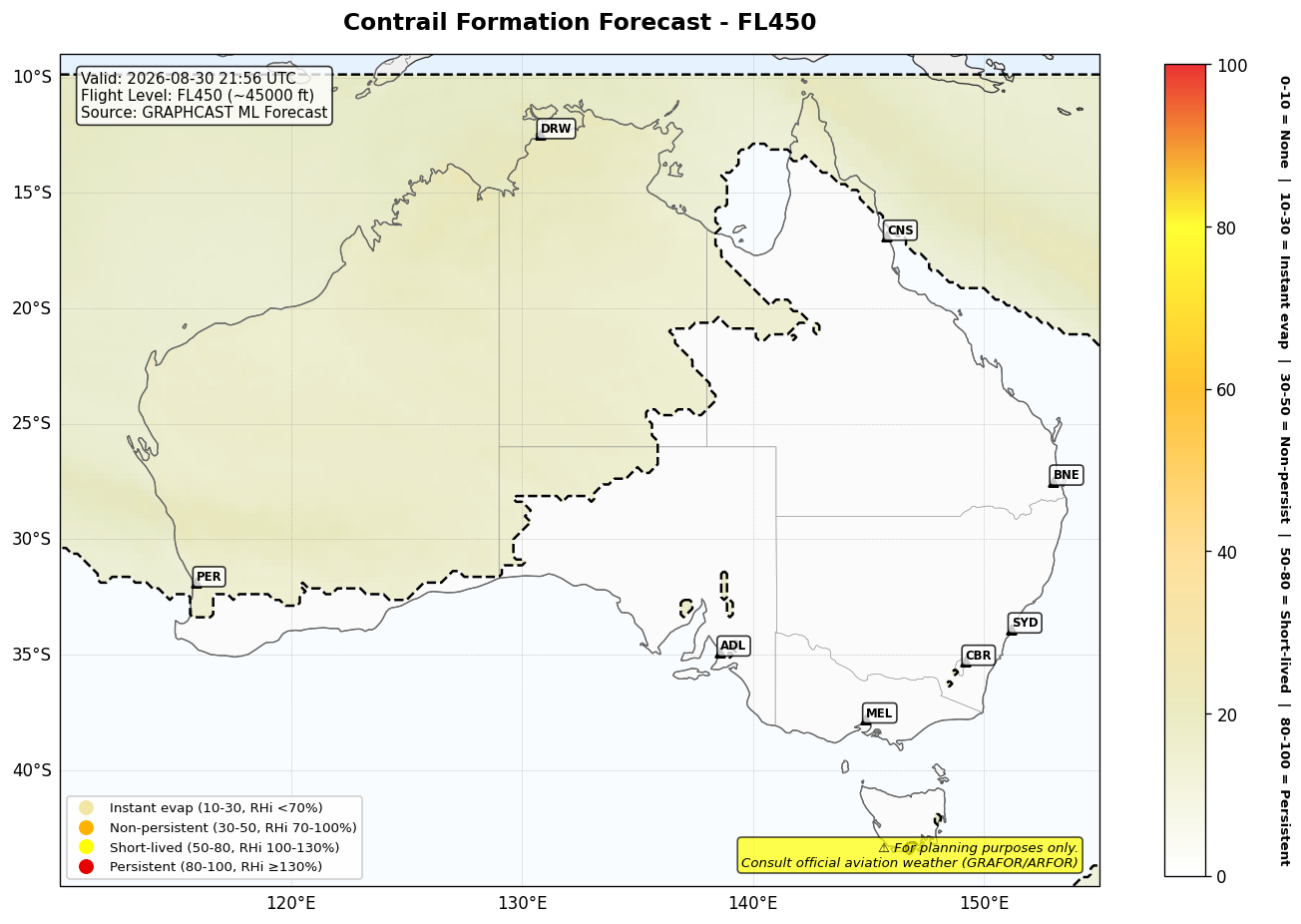 Contrail forecast for FL450 at 2026-08-30 21:56 UTC