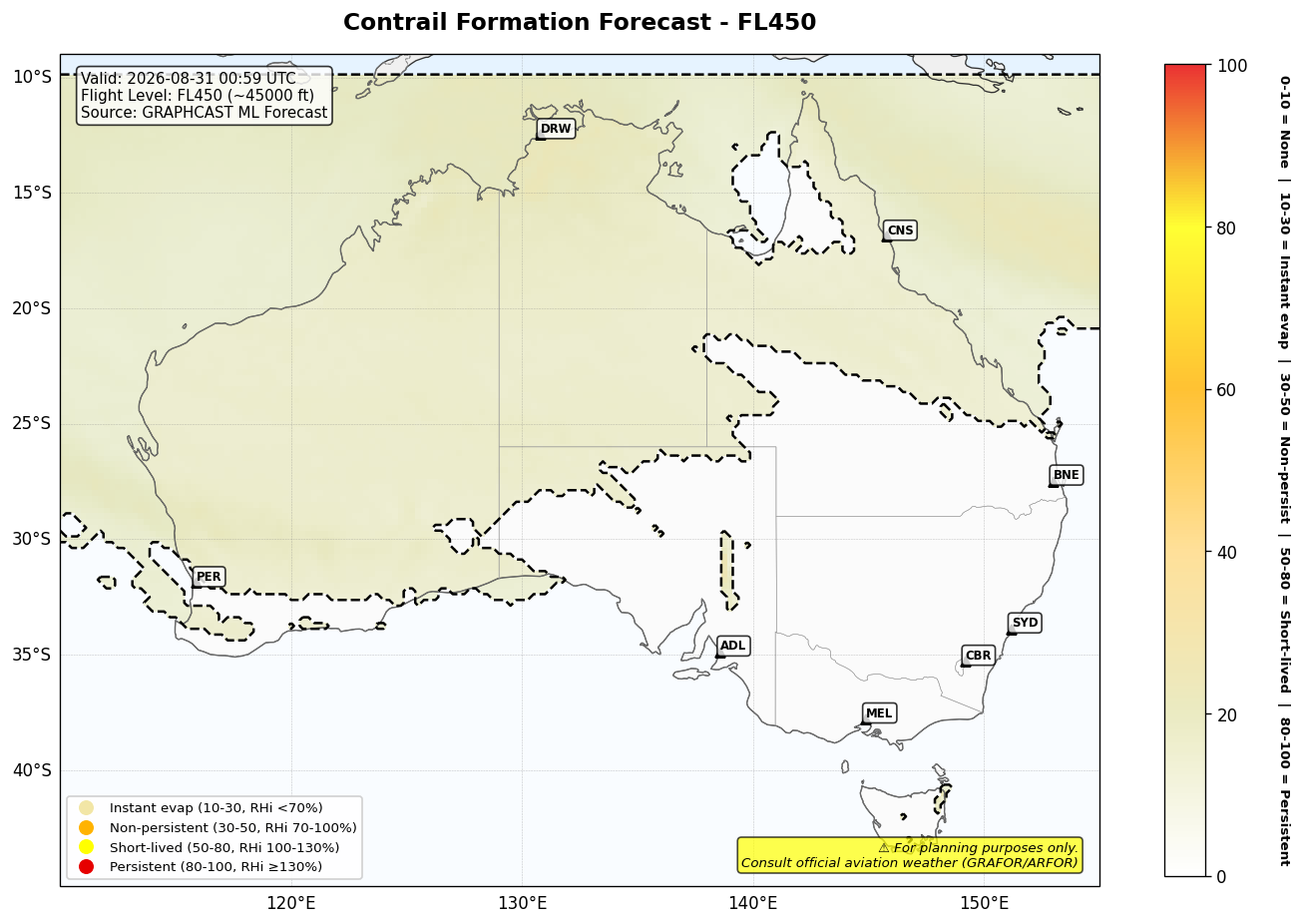 Contrail forecast for FL450 at 2026-08-31 00:59 UTC