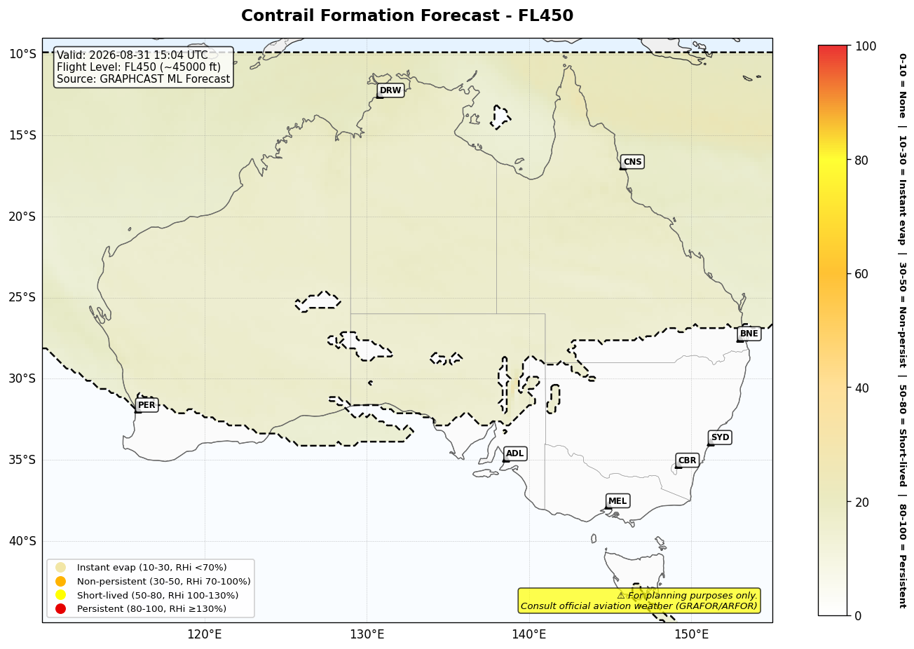 Contrail forecast for FL450 at 2026-08-31 15:04 UTC