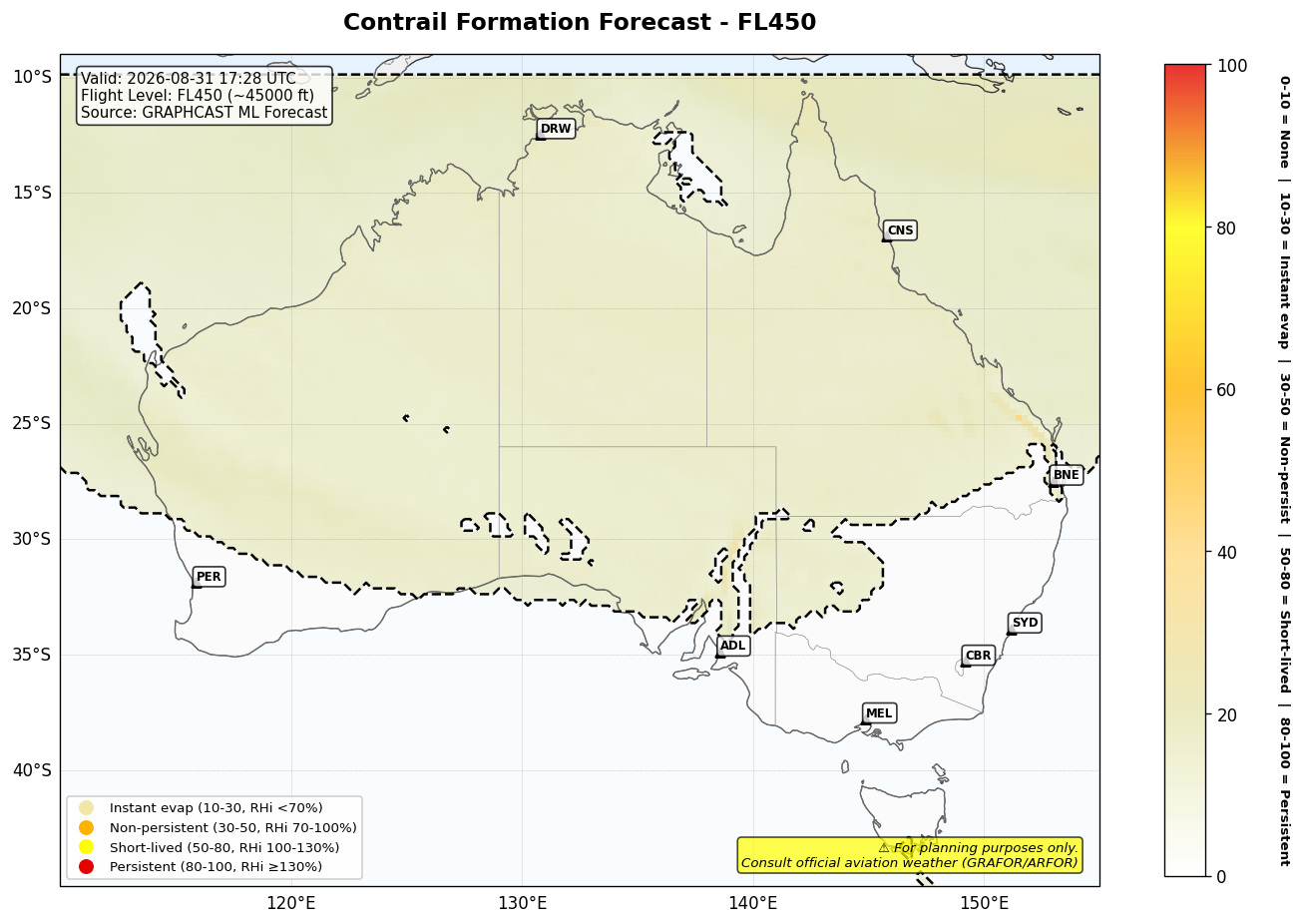 Contrail forecast for FL450 at 2026-08-31 17:28 UTC