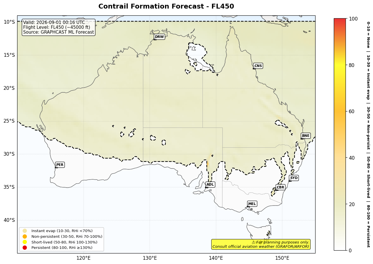 Contrail forecast for FL450 at 2026-09-01 00:16 UTC