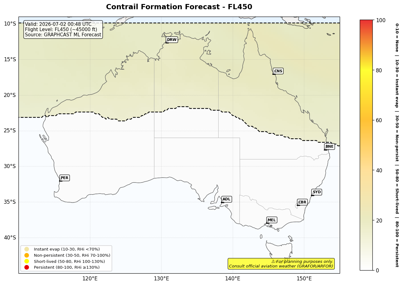 Contrail forecast for FL450 at 2026-07-02 00:48 UTC