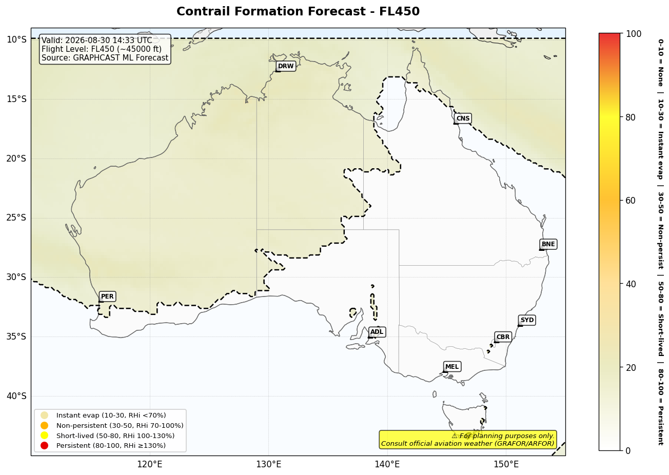 Contrail forecast for FL450 at 2026-08-30 14:33 UTC