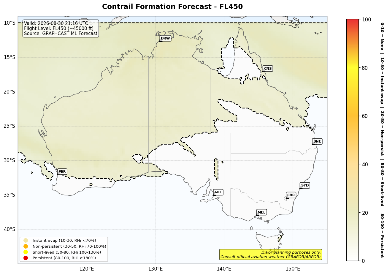 Contrail forecast for FL450 at 2026-08-30 21:16 UTC