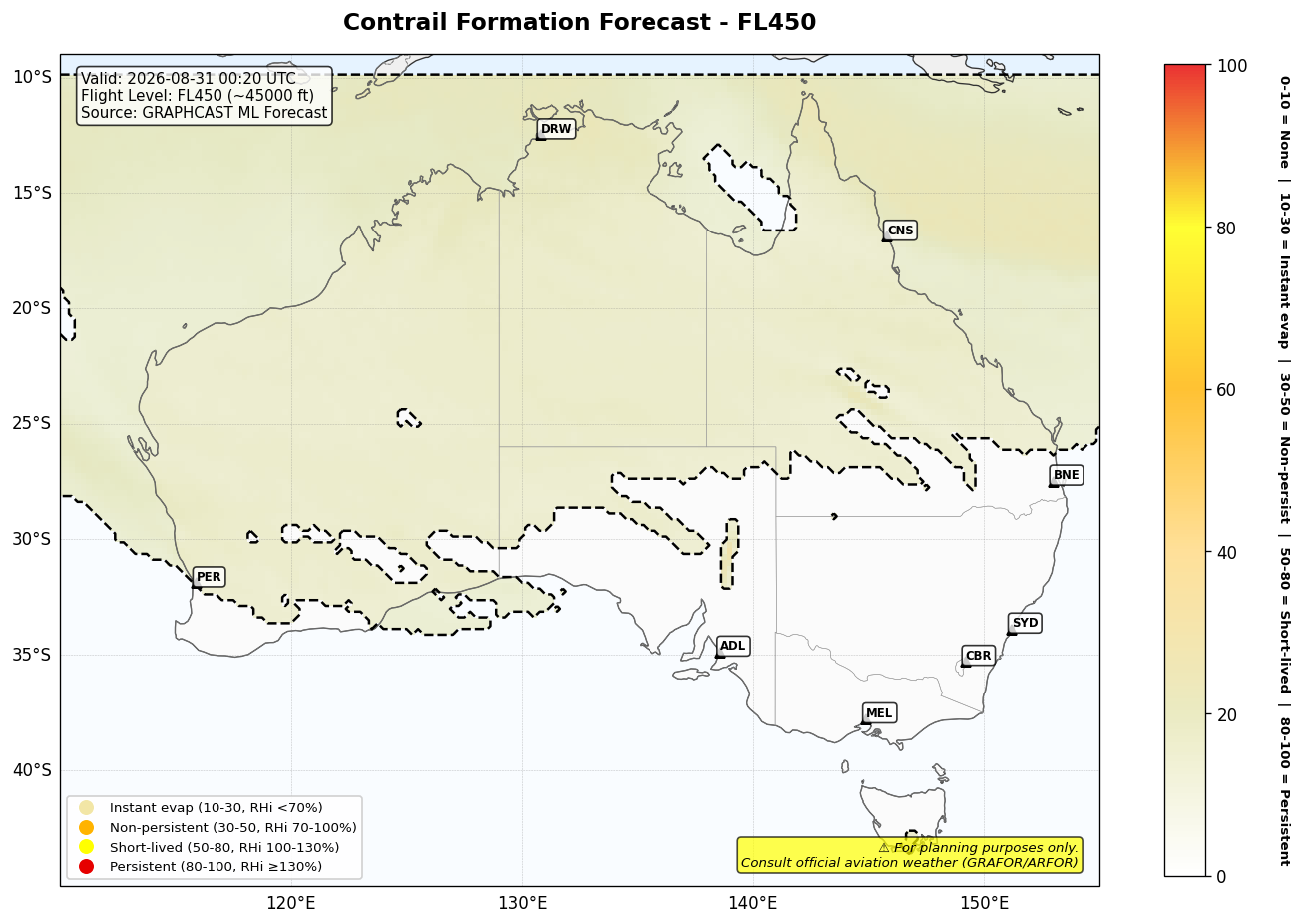 Contrail forecast for FL450 at 2026-08-31 00:20 UTC