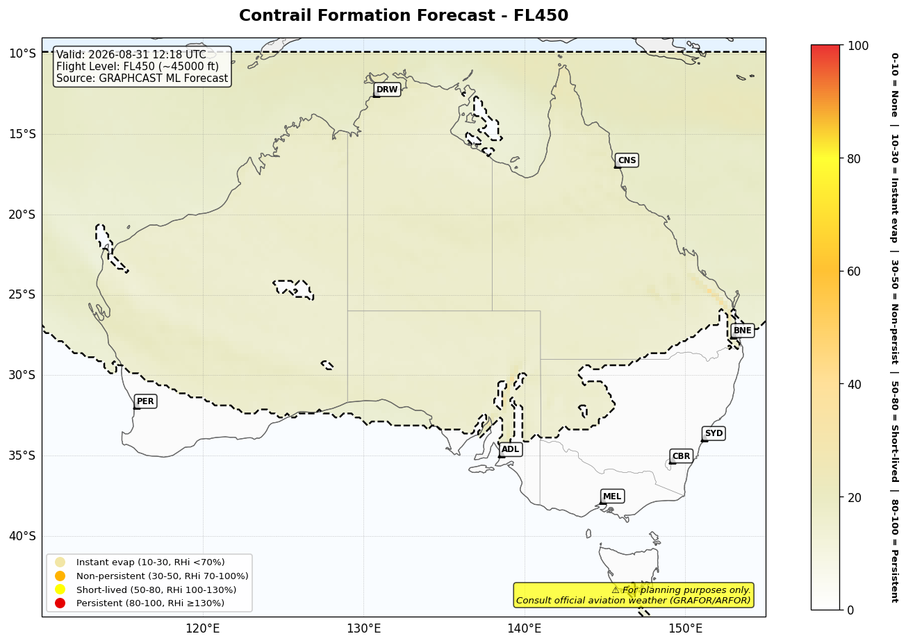 Contrail forecast for FL450 at 2026-08-31 12:18 UTC
