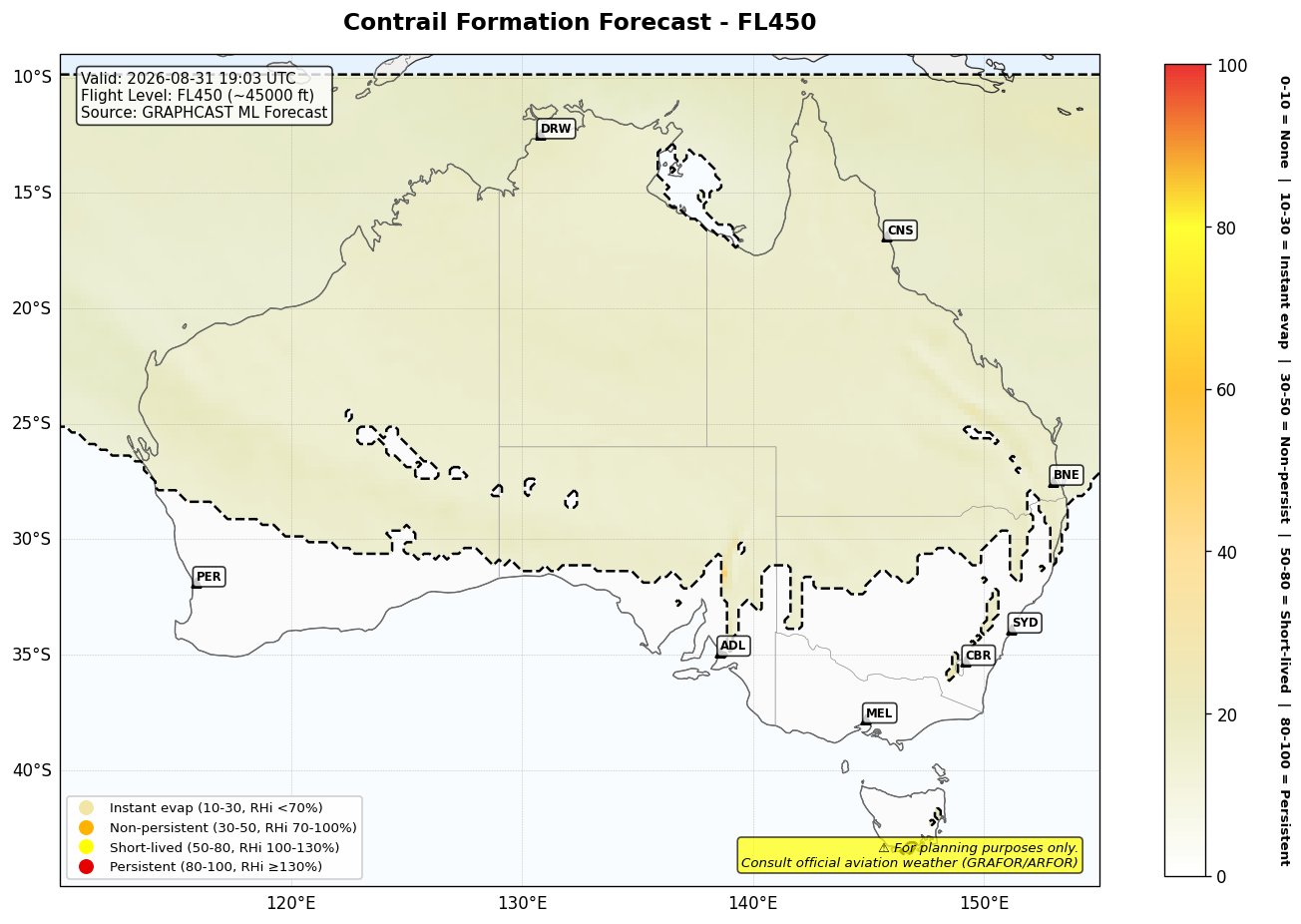 Contrail forecast for FL450 at 2026-08-31 19:03 UTC