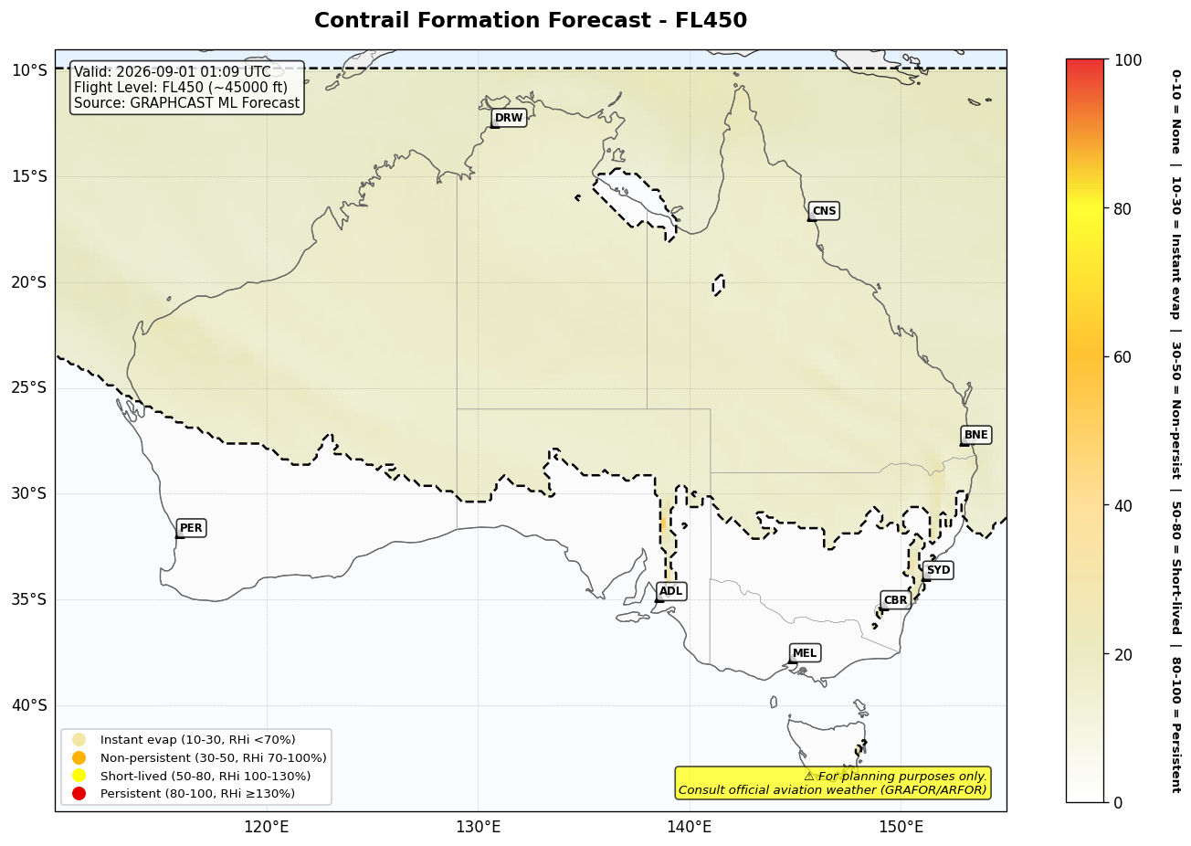 Contrail forecast for FL450 at 2026-09-01 01:09 UTC